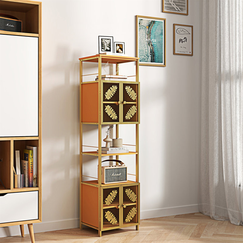 Tall Orange and Gold Metal Floor Storage Cabinet with Open Compartments