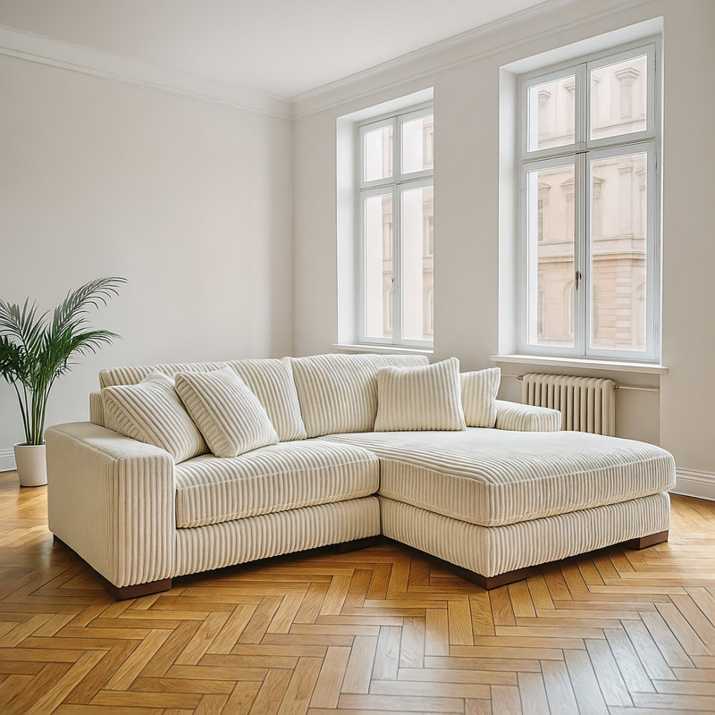 Canapé et chaise longue Lindyn, Orienté à droite, Polyester ivoire