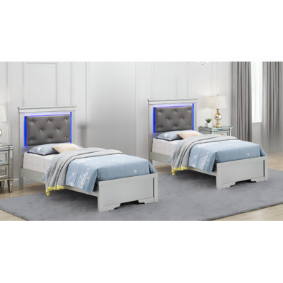 Warsaw Silver Champagne Brown Leather Twin Bed Set Of 2