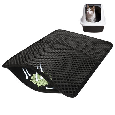 Extra Large Cat Litter Mat - Honeycomb Double Layer Design, Waterproof & Urine Proof, Easy to Clean (Black, Foldable)
