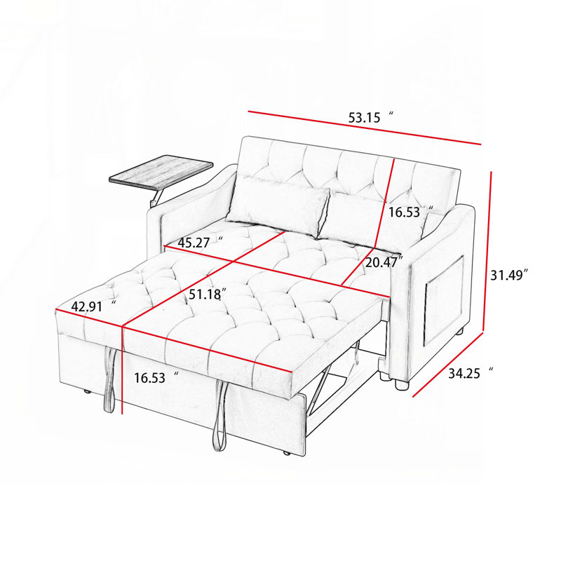 Latitude Run 3 in 1 Convertible Sofa Bed, 53" Vincy Sleeper Loveseat with Side Table, Pull Out Couch with 2 Pockets and 2 Pillows for Living Room Apartment Office