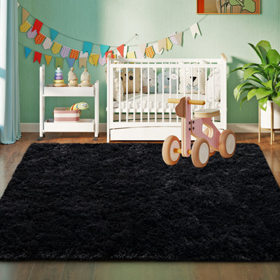 Tapis noir à poils longs 3 x 5 pi pour le salon, tapis moelleux ultra-doux pour la chambre à coucher, antidérapant idéal pour les chambres d'enfants, les dortoirs et la décoration intérieure