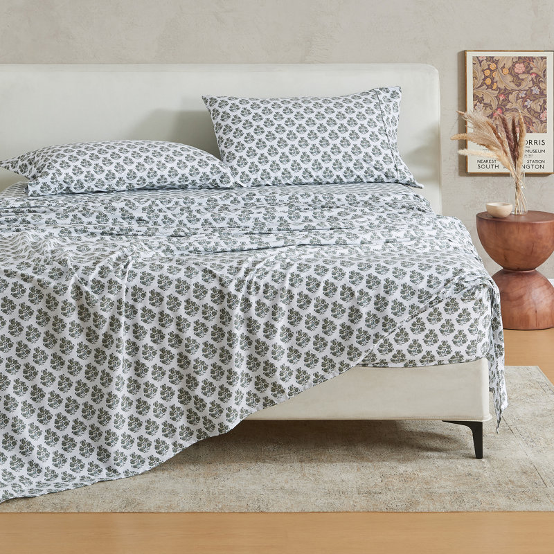 Cotton & Rayon from Bamboo Blend Floral Printed Sheet Set, Turquoise Floral