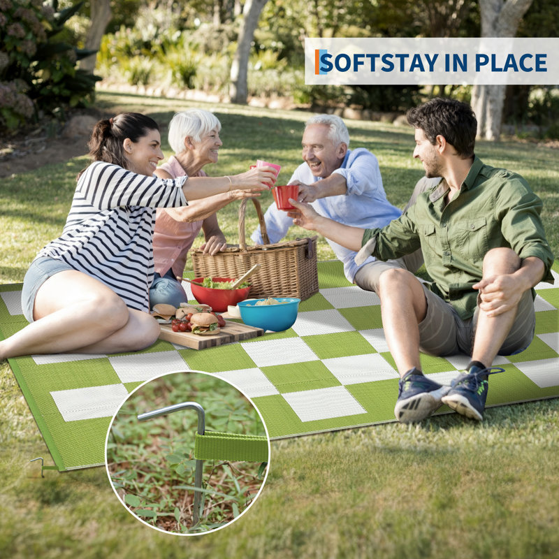 Waterproof Outdoor Rug for Patio, Reversible Modern Geometric Checkered Plastic Straw, UV Resistant, Portable, Collapsible, Large Carpet for Camping, Picnic, Deck, Balcony, Backyard – Light Grass Green/White, 9x12ft(270x366cm)