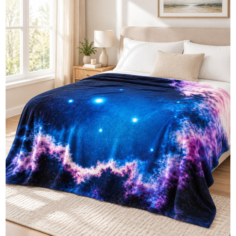 Galaxy Space Flannel Throw Blanket - Nebula Pattern, Blue and Pink, Ultra Soft, Lightweight, Breathable, All-Season, Skin-Friendly, Decorative, for Sofa, Couch, Living Room Bedroom
