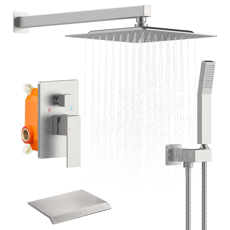 Rain Shower System Tub Shower Faucet Set 10 Inch Square Rainfall Shower Head With Handheld Sprayer And Waterfall Tub Spout Pressure Balance Rough-In Valve Shower Mixer Combo