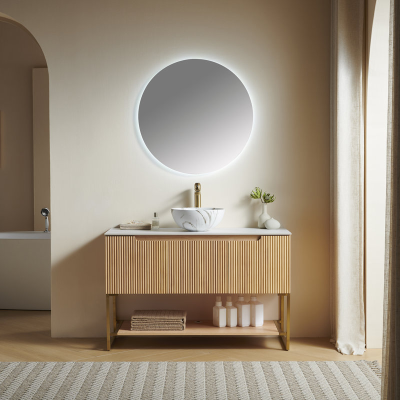 Meuble-lavabo de salle de bain 48 po Sobieski, meuble de rangement autoportant avec 3 portes et tablette ouverte, vasque en céramique bol blanc avec motif en pierre et comptoir en pierre frittée blanc de Carrare, couleur grain de bois