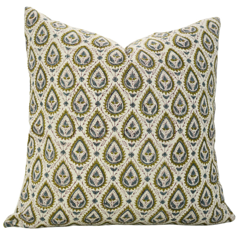 Housse de coussin Art Fab Fabine - Imprimés floraux sur lin doux, Vashundra, H 16 po x l 16 po, Bleu / Vert, Carrée