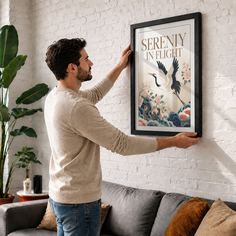 Cranes in Flight Japandi - Framed Print, A2 - 59.4 x 42.0 cm, Walnut