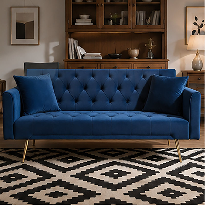 Thomias 71.01'' Velvet Convertible Sofa, Blue Velvet