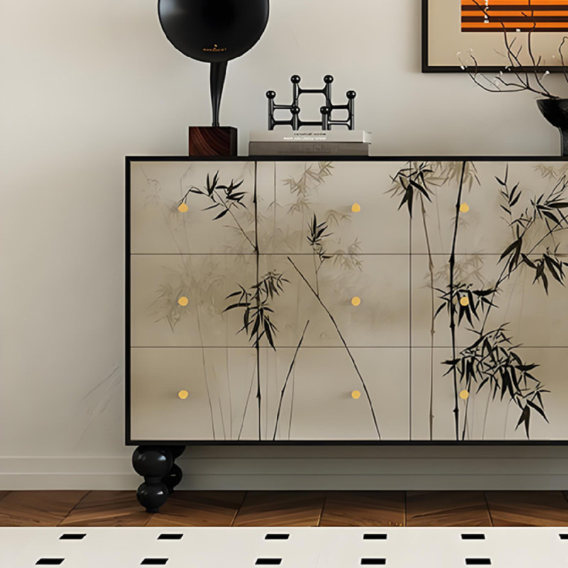 Commode 6 tiroirs en bois massif au design rétro en bambou, Noir
