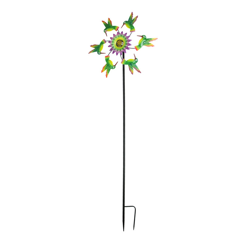 Girouette de jardin extérieure sur piquet avec colibris et fleurs en métal multicolore, 178 cm de hauteur