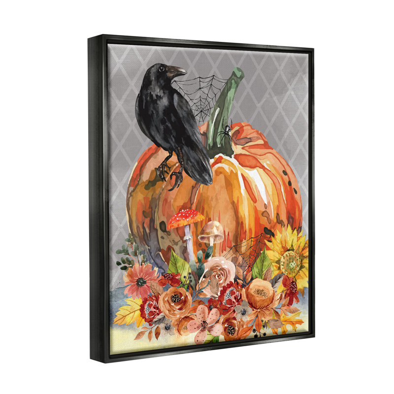 «Autumn Crow Pumpkin Botanicals» par ND Art, impression, Cadre flottant noir de jais, H 21 po x l 17 po x P 1,7 po