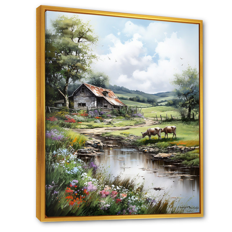 «Relaxing Farm Charm» - Art mural ferme, H 32 po x l 24 po x P 1 po, Cadre flottant doré