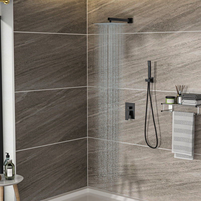 Wall Mounted Dual Shower - 12 Inch, Matte Black, Rainfall Type Black With Heads Inch Square,, Matte Black