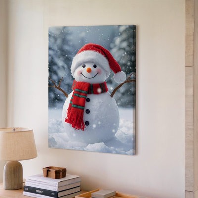 Canvas A Cheerful Snowman Wearing A Bright Red Santa Hat And Wall Art A Cozy Red Scarf With Green Stripes Stands For Canvas Wall Art