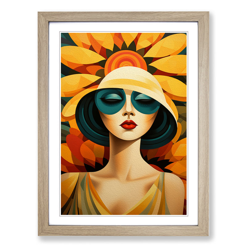 Sunflower Art Deco - Framed Print, Oak, 34cm H x 25cm W x 2cm D