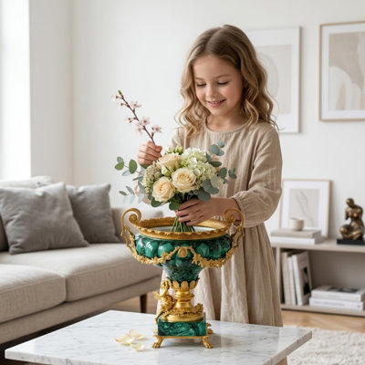 Emerald Green Porcelain & Bronze Cherub Vase, 16" with Bronze Flowers & Claw-Foot Base — Vintage-Style Accent Centerpiece for Mantel, Console & Dining Table