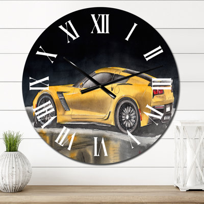 A Yellow Sport Car With Its Shadow - Transportation Round Metal Clock