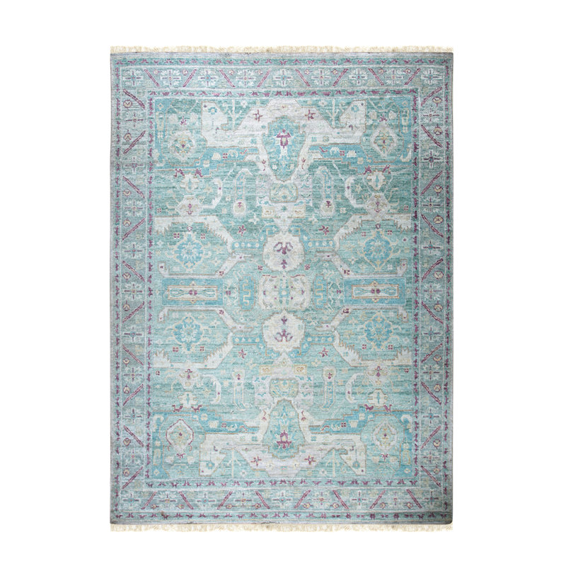 Green Hand Knotted Silk Bl.Gn /Duck Green Classic Floral Natural Silk Area Rug, Rectangle 8' x 10'