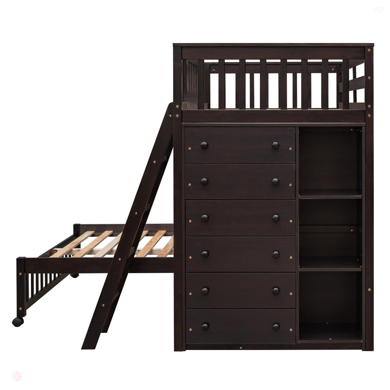 Lit superposé en bois avec 6 tiroirs et tablettes flexibles, lit inférieur avec roulettes, Espresso