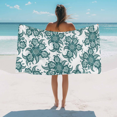 Serviette de plage turquoise à motifs cachemire et floraux, style ethnique vintage, absorbante, douce, grande, à séchage rapide, légère, idéale pour le camping, les voyages, le sport (yoga, gym, natation), 81 x 160 cm (32 x 63 pouces).