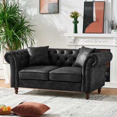 2 Seater High - Tech Fabric In Black, European Style For Apartment, Solid Wood Frame, Rolled Arms, Medium Soft Seat Plushness, Removable And Throw Pillows 66" Black Mid Century Modern With Suitable