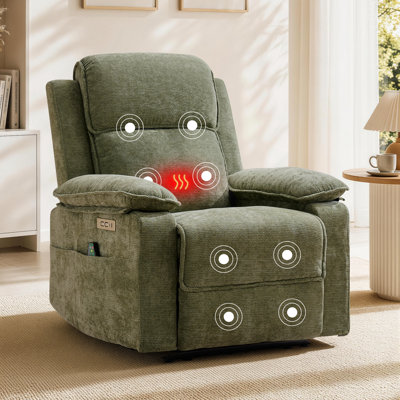 Recliner Chair, Electric Recliner with Heat & Massage, Chenille Upholstered  Recliners with USB Ports & Side Pockets
