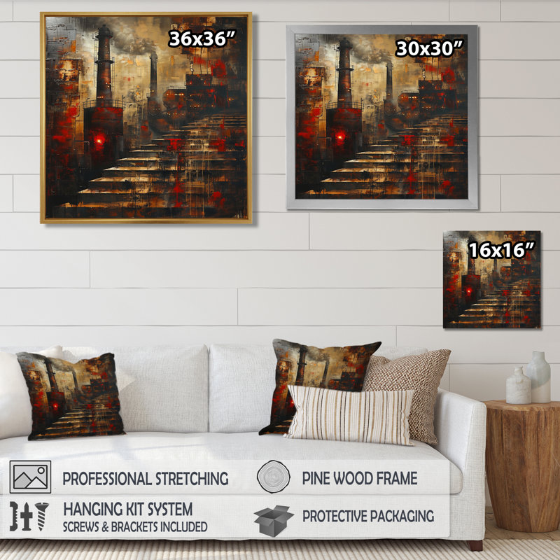 Décoration murale rétro Polution Factory Track II - usines, Toile encadrée noire simple, H 16 po x l 16 po x P 1 po