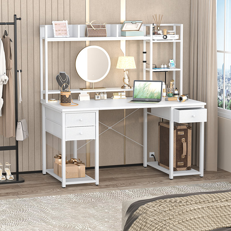 Computer Desk with Hutch, Storage Shelves, Power Outlets & LED Lights, White, 47.2" H x 18.9" W x 29.5" D