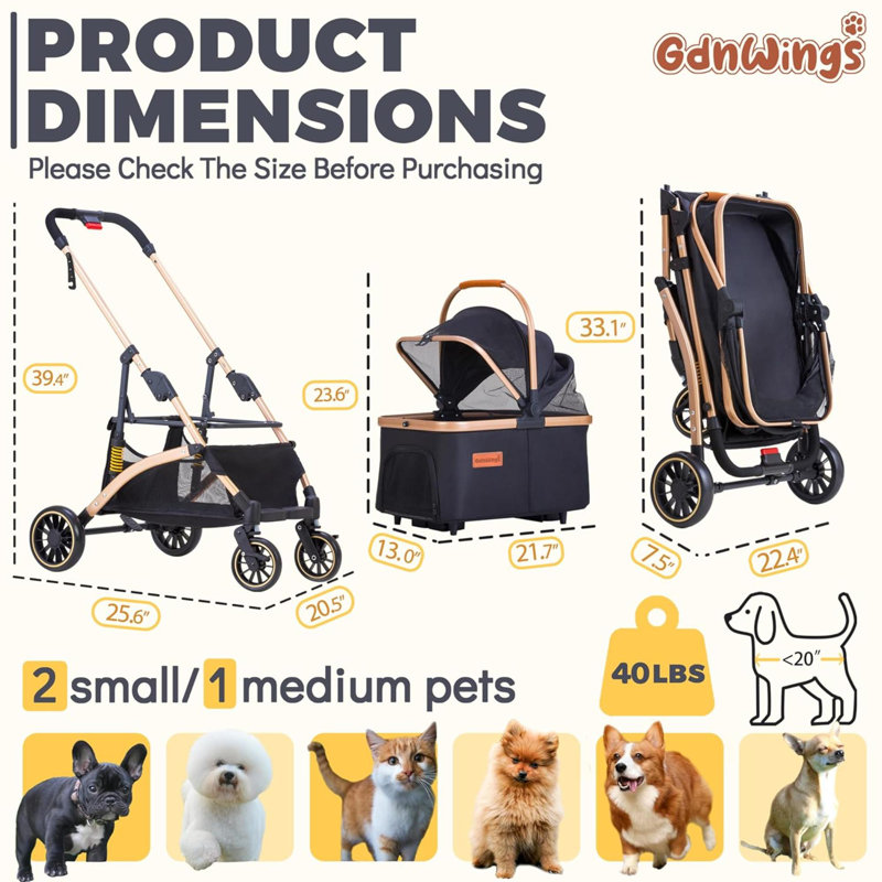 Poussette pour animaux de compagnie pour chien de taille moyenne Poussette pour chiens avec système d'absorption de chocs à 6 po