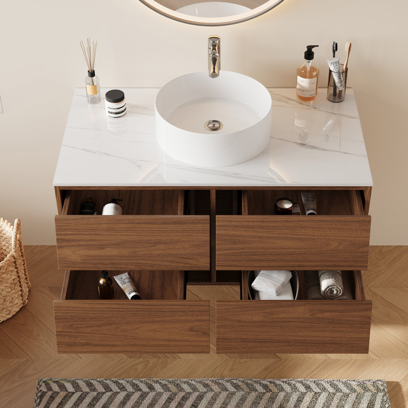 36'' Modern Wall-mounted Bathroom Vanity With 4 Drawers, Glossy Sintered Stone Countertop, White Round Ceramic Vessel Sink, Mdf Cabinet
