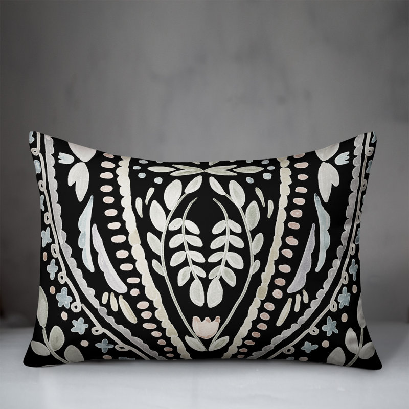 Black Floral Pattern 14x20 Indoor/Outdoor Lumbar Pillow