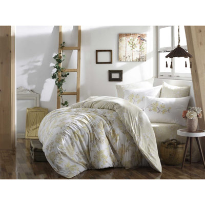 Ensemble de housse de couette double 100% coton Premium Ranforce, jaune et blanc / beige | Housse de couette 78,7 po x 86,6 po, drap plat 94,5 po x 102,4 po, 2 taies d'oreiller 19,7 po x 27,6 po | Lavable à la machine, conception élégante à fermeture à boutons