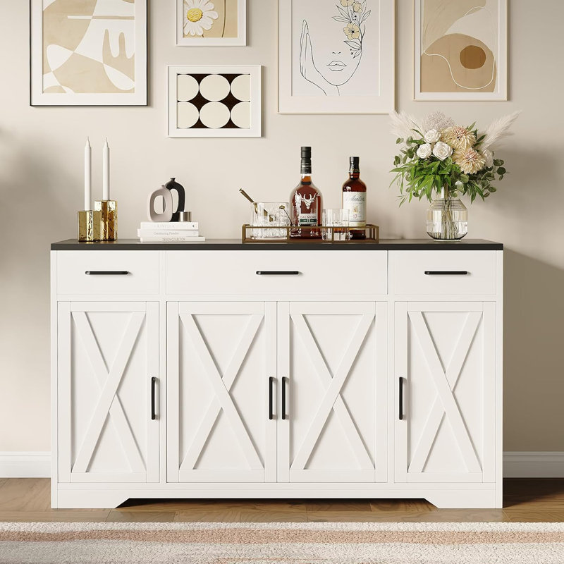 Large Sideboard Buffet Storage Cabinet, with 3-Drawer and 4 Doors, Buffet cabinets, Modern Farmhouse Coffee Bar Cabinet, for Kitchen, Dining Room Living Room, Rustic Style