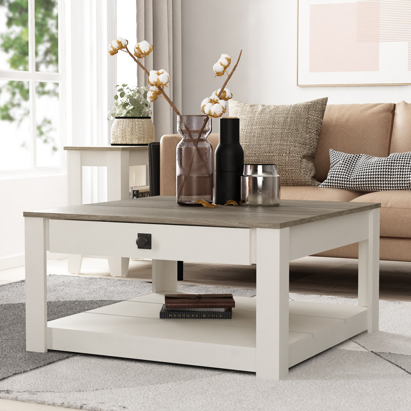 Allyannah Coffee Table with Drawer, Ivory/Knotty Gray Oak