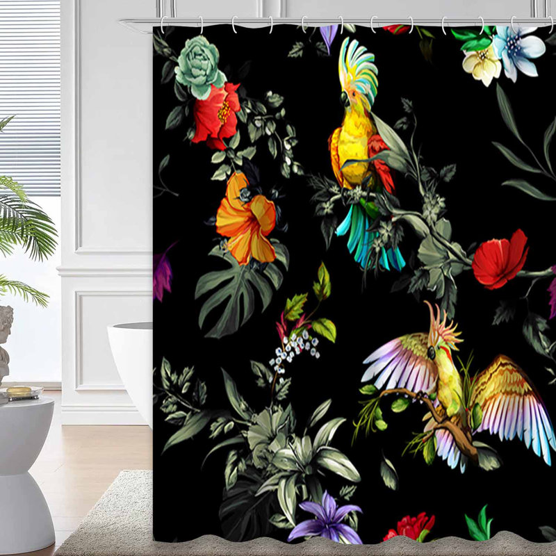 Rideau de douche sans couture à motif de perroquets tropicaux sarcelle avec 12 crochets, 72" L x 78" W