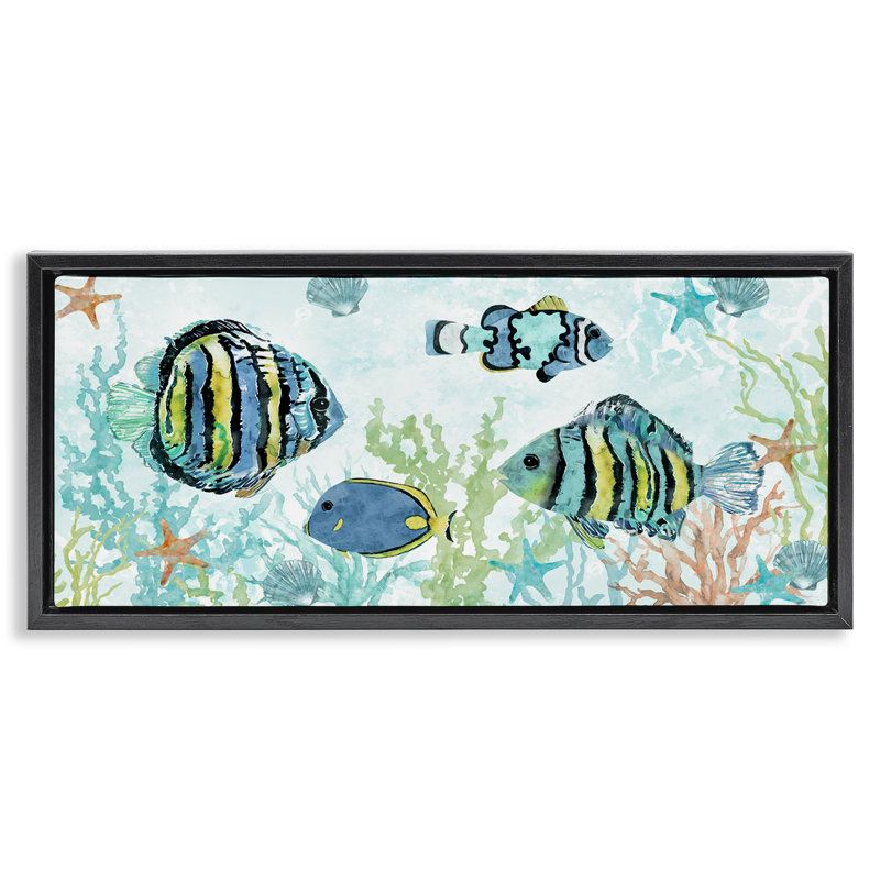  "Divers poissons sous l'eau", art mural encadré par Carol Robinson, H 11 po x l 25 po, Cadre flottant noir de jais