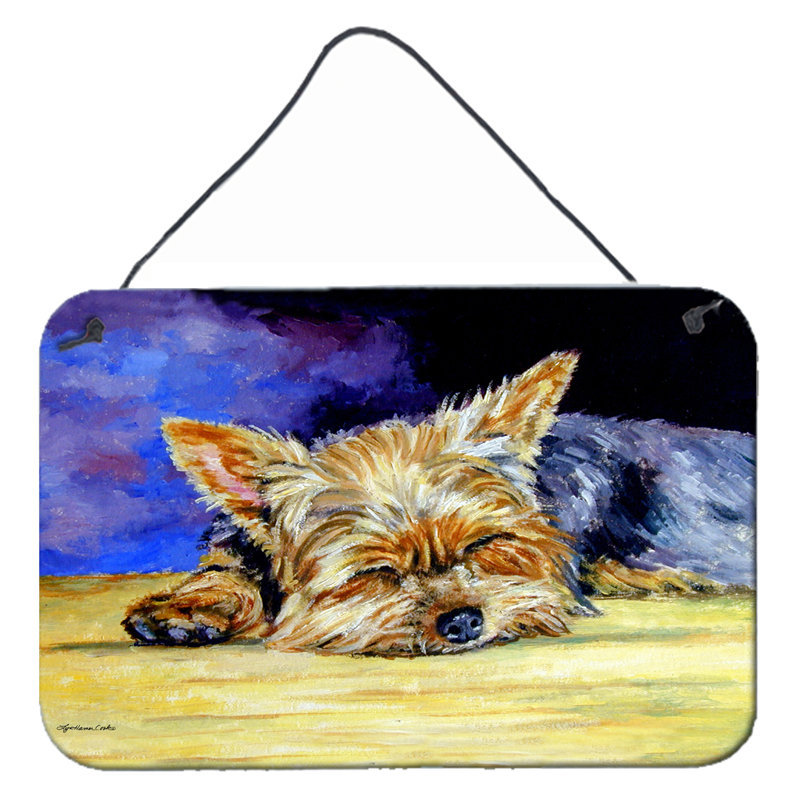 Yorkie utilisant une protection nap par lyn cook, reproduction d’art sur plaque