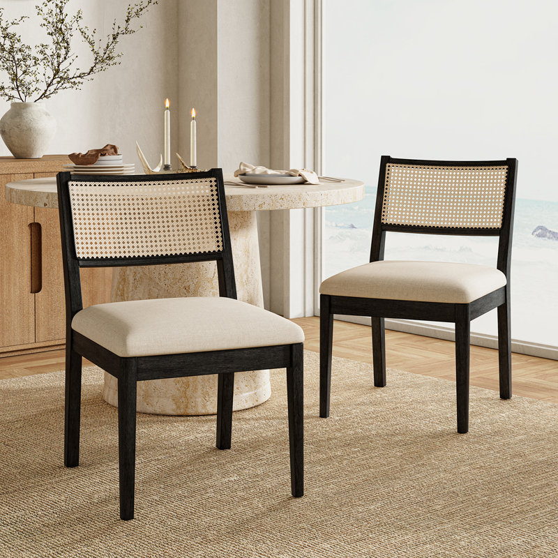 Demetruis 20''W Coastal Solid Wood Dining Chair With Rattan Backrest, Black