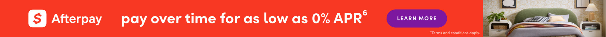 Afterpay promotional banner offering pay over time for as low as 0% APR with a Learn More button