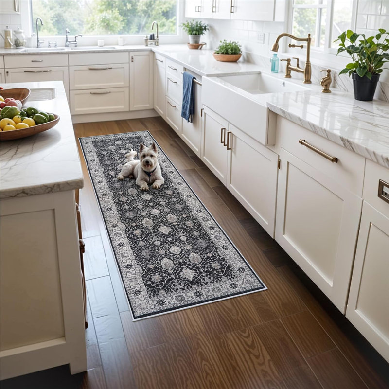 Washable Large Area Rug: Indoor Oriental Living Room Carpet with Non Slip Backing Ultra Soft Low Pile Rugs for Bedroom Dining Room Distressed Stain Resistant Thin Floor Mat (Black)