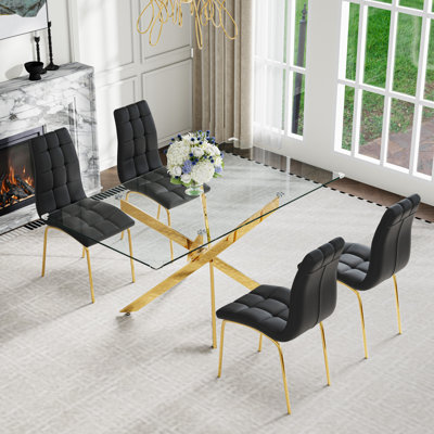 5-Piece Modern Dining Set – Tempered Glass Table With Stainless Steel Base & 4 Faux Leather High-Back Chairs