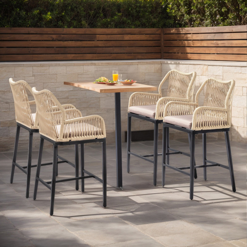 Rope-Woven Iron-Framed Bar Stools With Cushion (2-Pack), Black/Brown