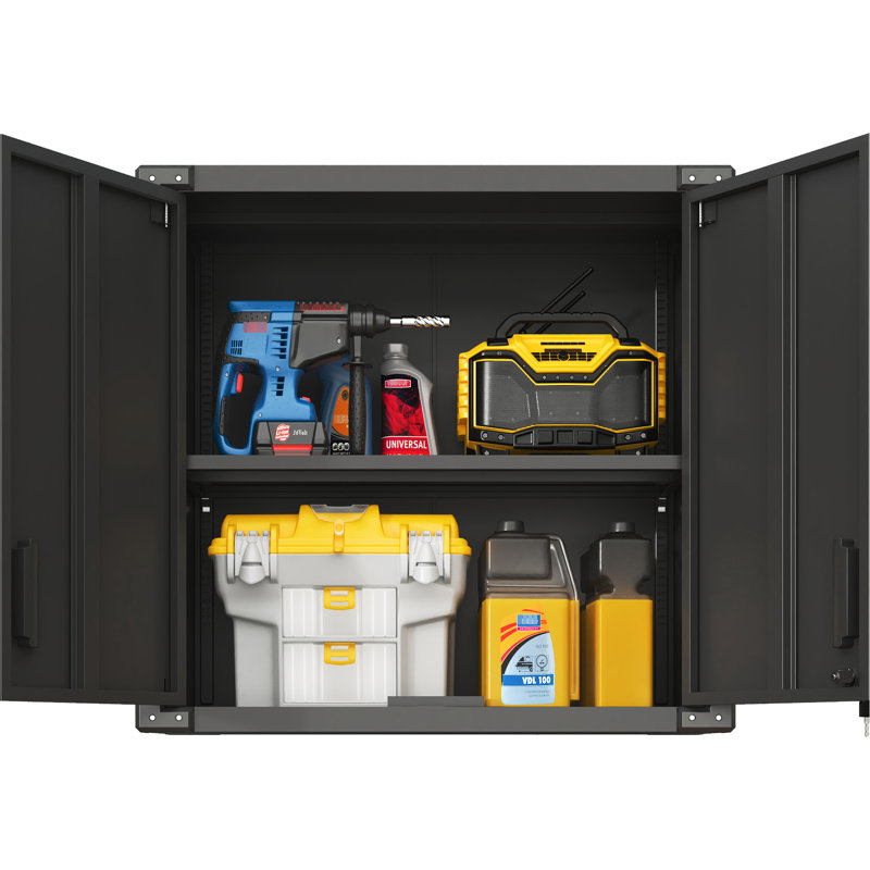 Armoire murale en métal pour le rangement des outils. 2 portes verrouillables, 1 tablette réglable, tiroir ouvert. Armoire à outils de construction. Pour le garage, l'entrepôt, le bureau. , Noir, Moderne