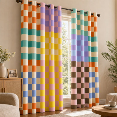 2 pièces de rideaux carrés à carreaux colorés, motif géométrique artistique, plateau à œillets moderne et vibrant, soleil de salon pour la maison