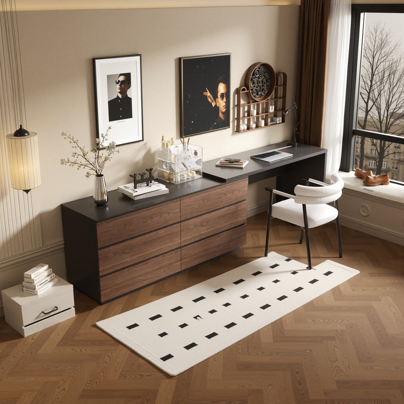 97.6-Inch Extendable Vanity Dressing Table Adjustable L-Shaped Home Office Vanity Desk With 6 Drawers, Black/Walnut