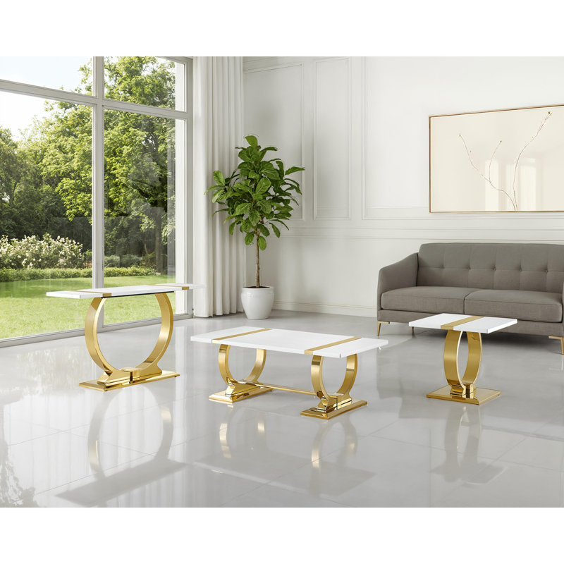 Table basse de style contemporain avec table à tréteaux et plateau rectangulaire, Plateau blanc / base or