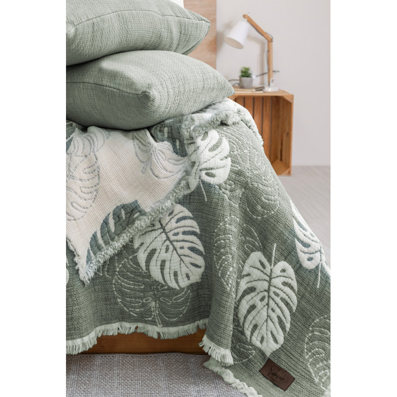 Luxueux ensemble double piqué, jacquard vert, 94,5 po x 102,4 po | 70% coton / 30% polyester, taies d'oreiller: 19,7 x 27,6 pouces (2 pièces) | 550 g / m², lavable à la machine, doux et durable pour les chambres confortables