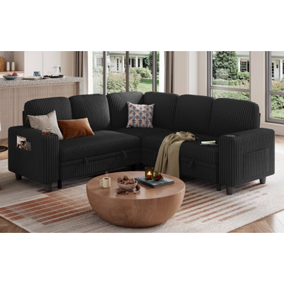Sherry 81'' Upholstered Modular Sectionals with Pull-out Sofa, Storage Chaise, USB Charging & Cup Holders